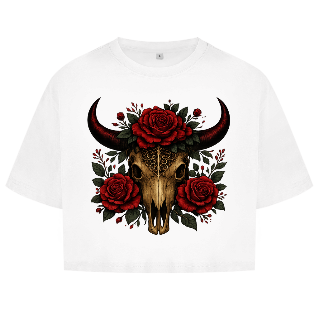 Damen Oversize Crop Top Rinderschädel rote Blumen