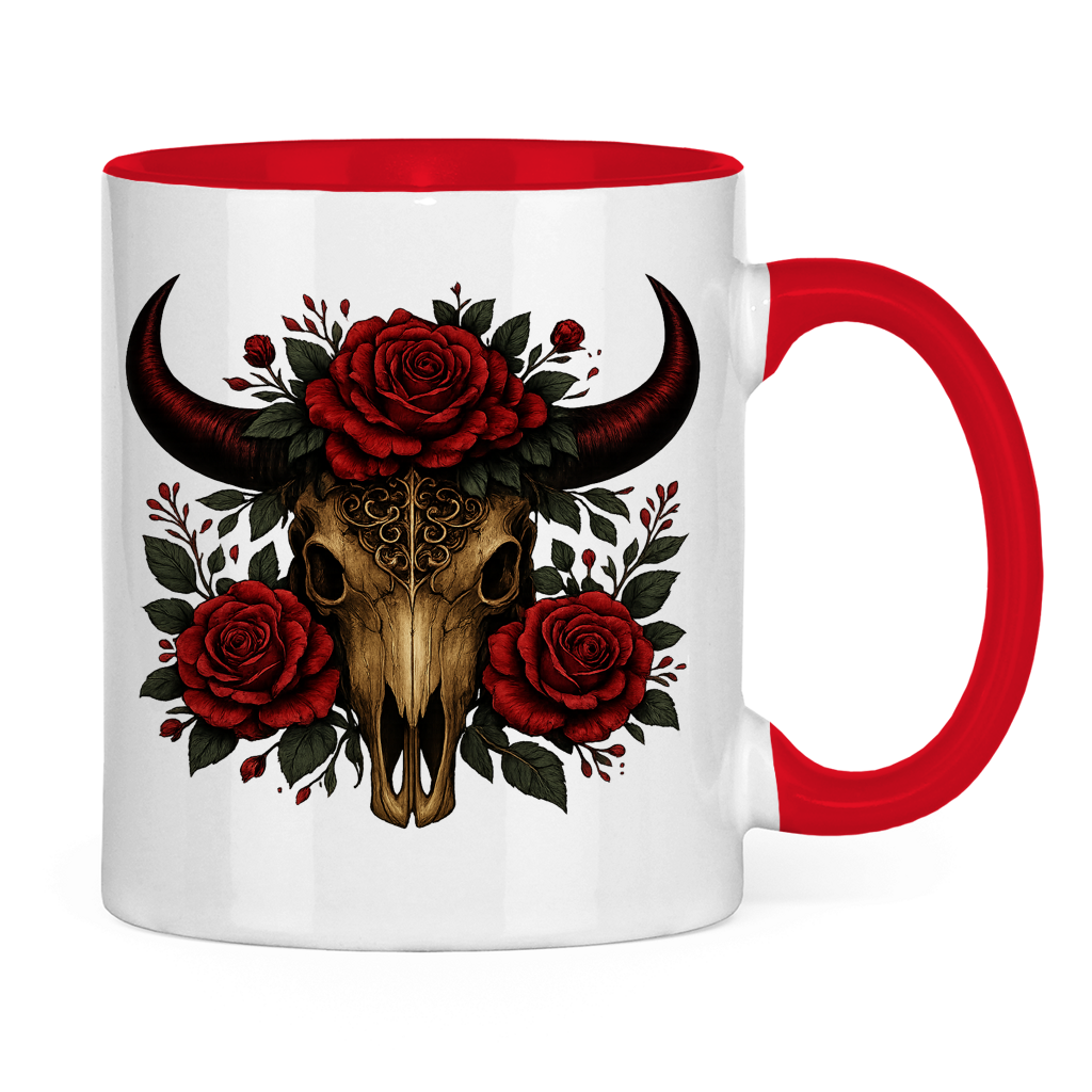 Tasse zweifarbig Rinderschädel rote Blumen