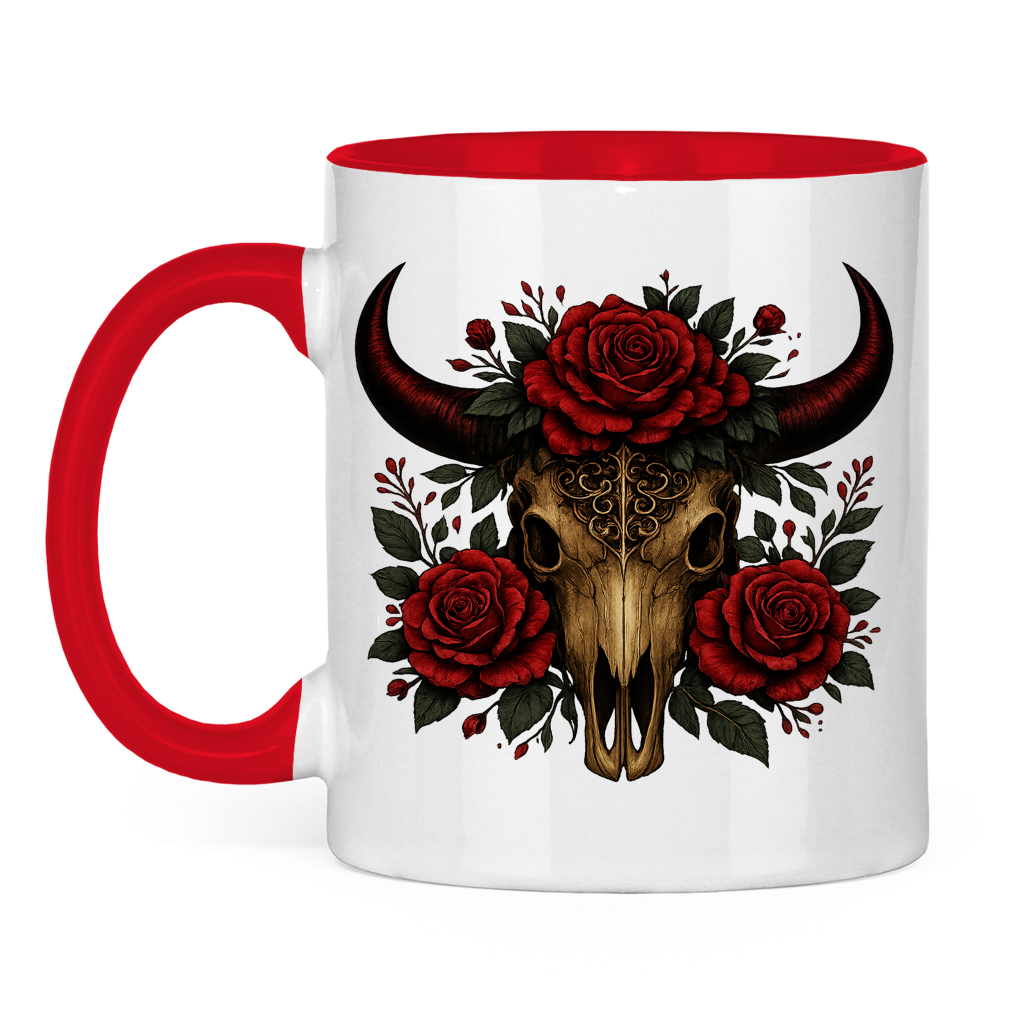 Tasse zweifarbig Rinderschädel rote Blumen