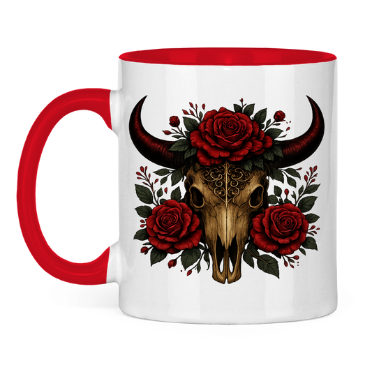 Tasse zweifarbig Rinderschädel rote Blumen