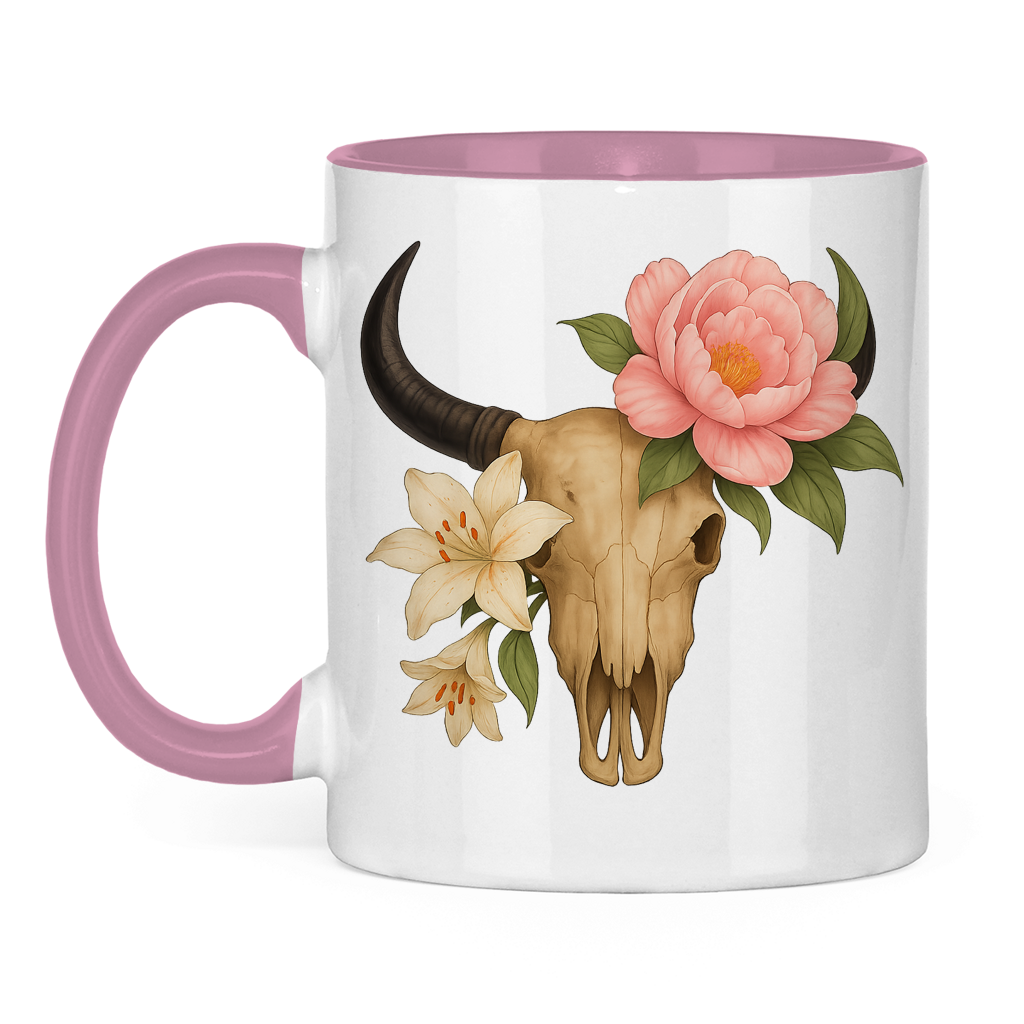 Tasse zweifarbig Rinderschädel blumig