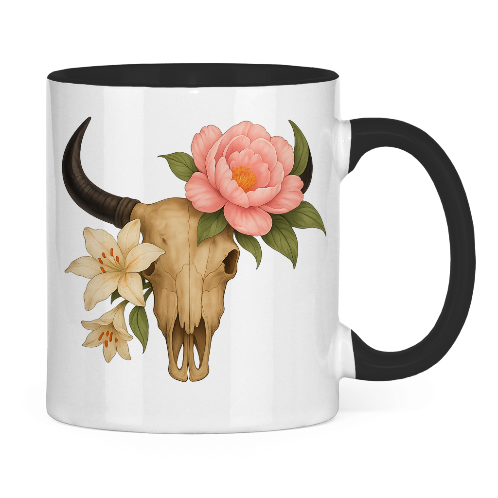 Tasse zweifarbig Rinderschädel blumig