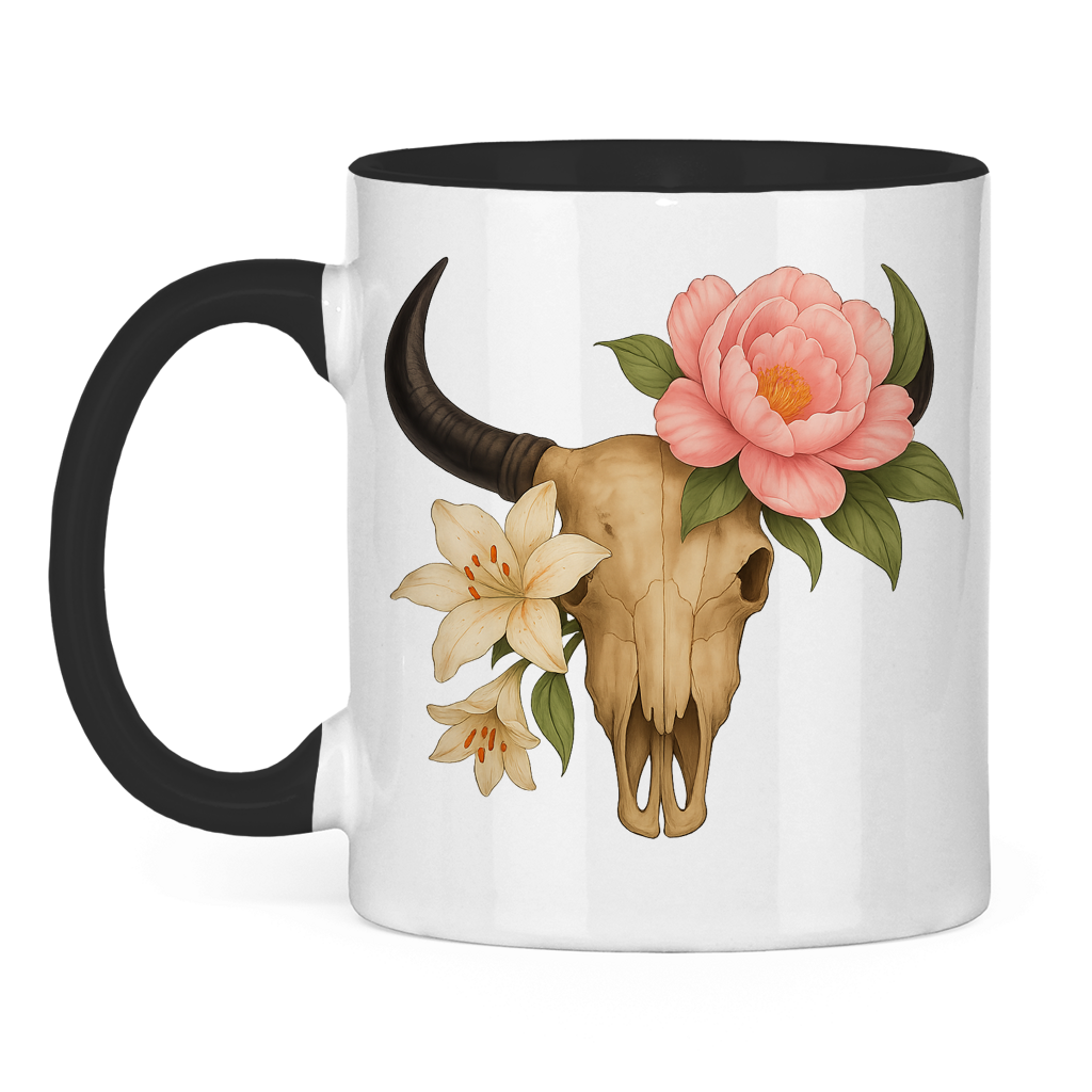 Tasse zweifarbig Rinderschädel blumig