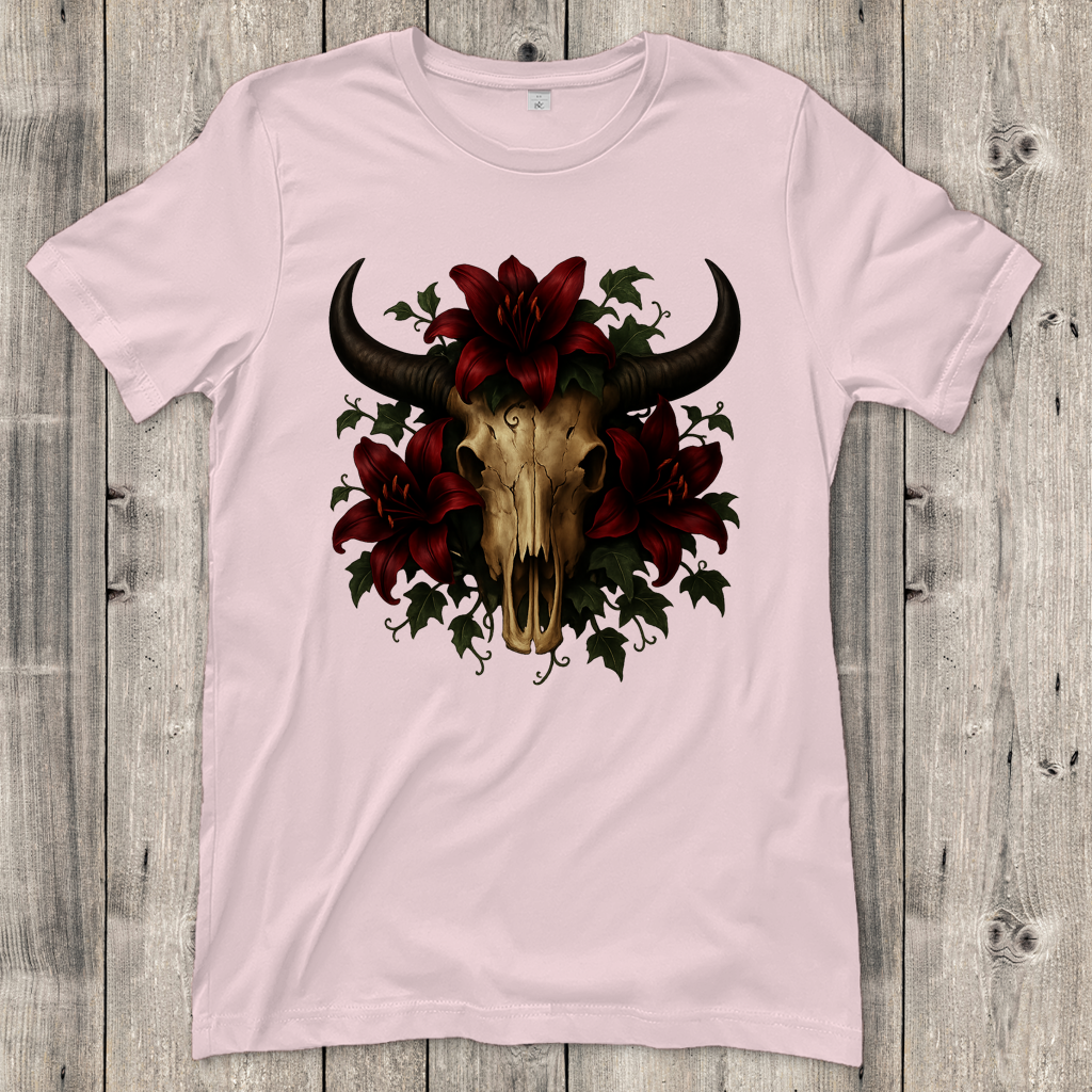 Damen T-Shirt Rinderschädel rore Lilien