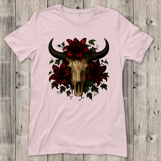 Damen T-Shirt Rinderschädel rore Lilien