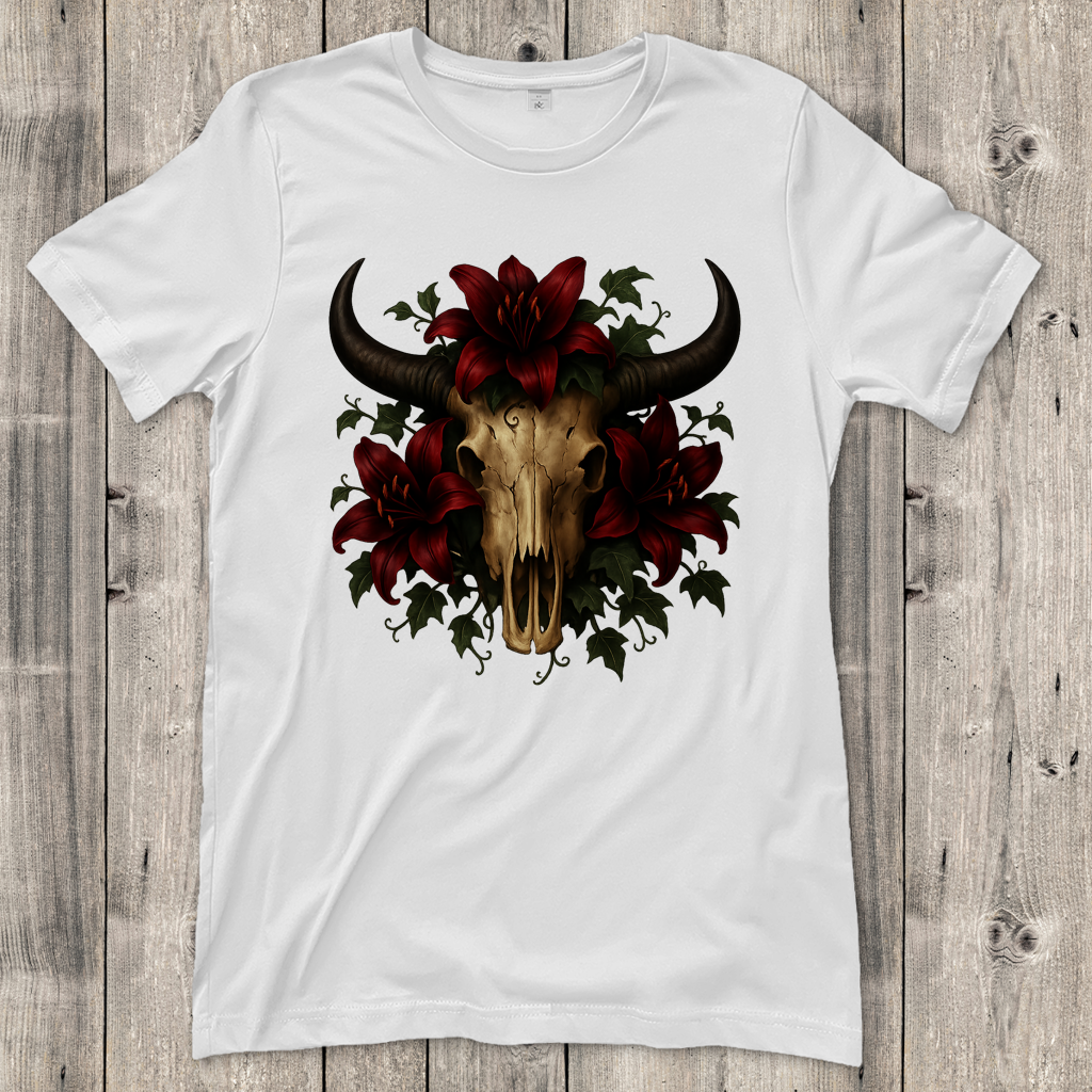 Damen T-Shirt Rinderschädel rore Lilien
