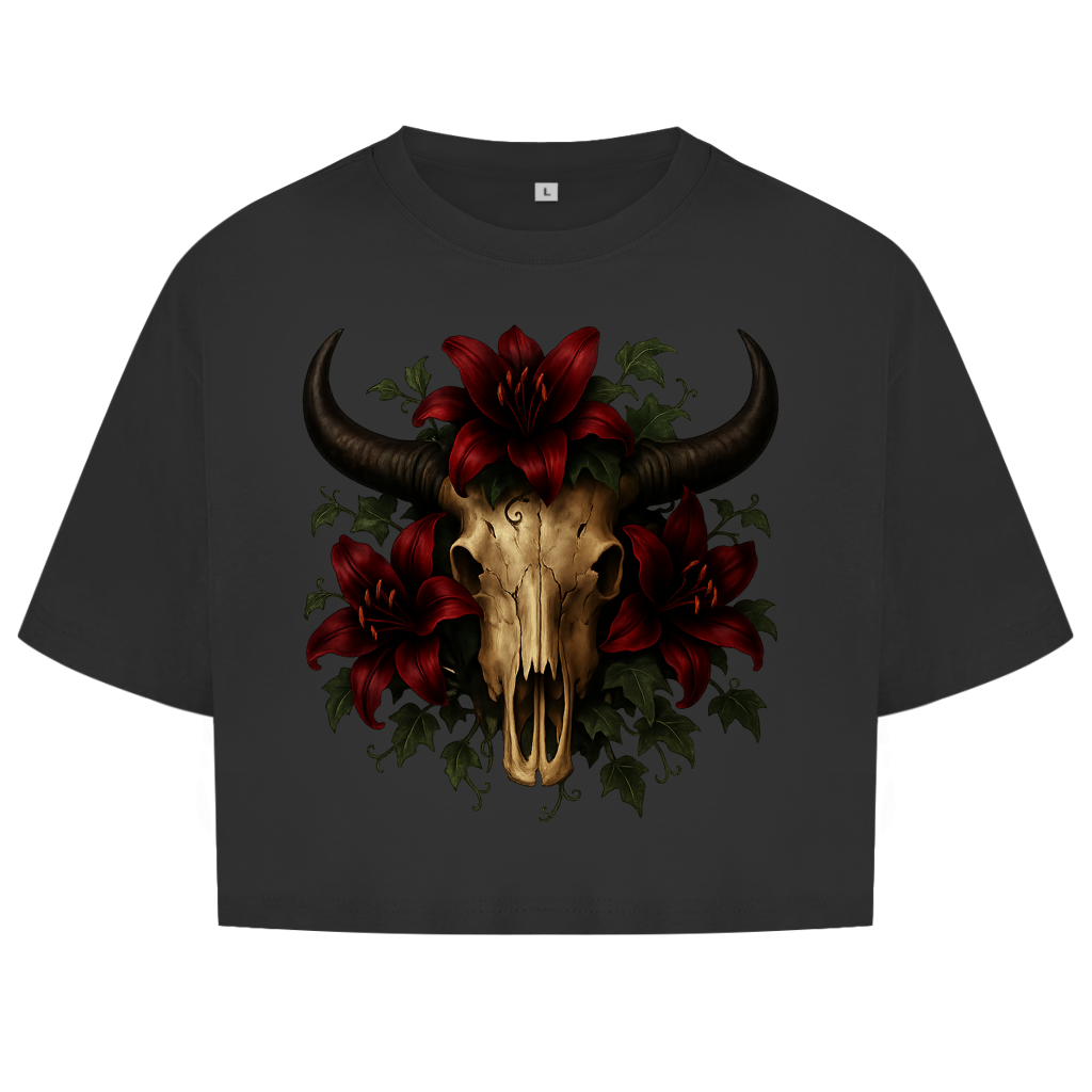 Damen Oversize Crop Top Rinderschädel rore Lilien
