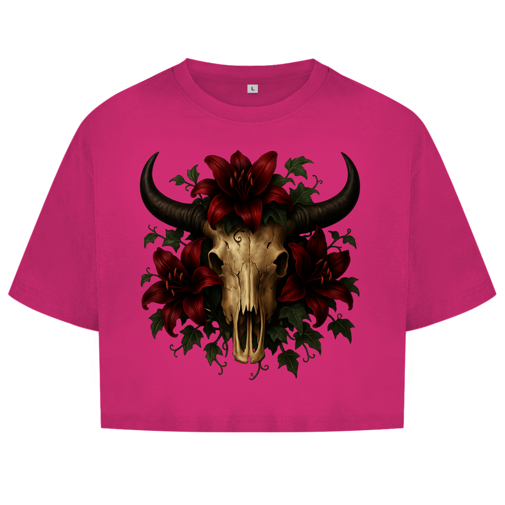 Damen Oversize Crop Top Rinderschädel rore Lilien