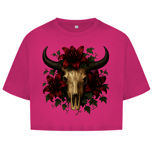 Damen Oversize Crop Top Rinderschädel rore Lilien