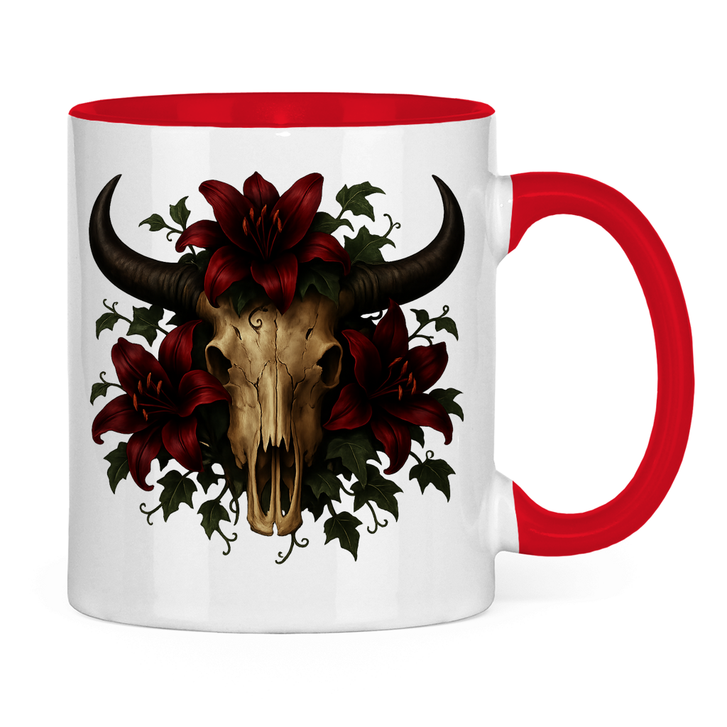 Tasse zweifarbig Rinderschädel rore Lilien