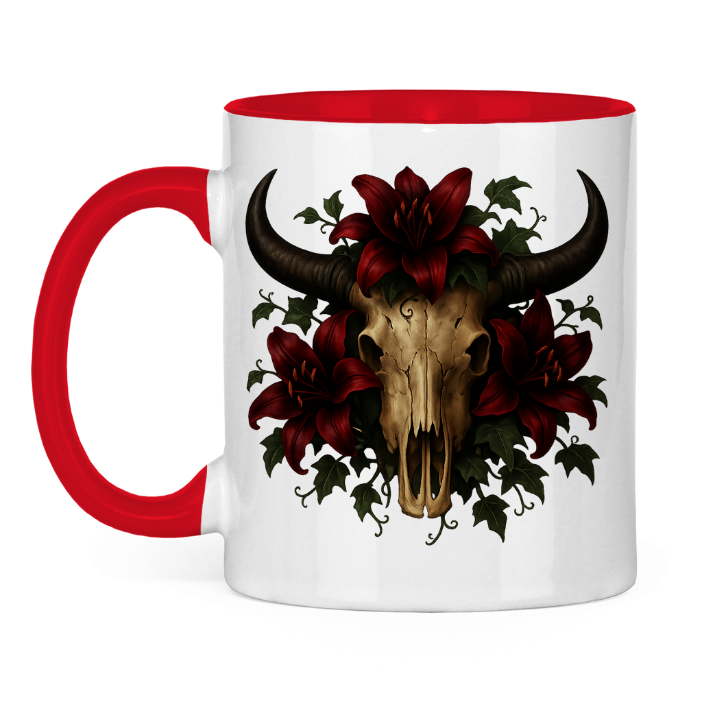 Tasse zweifarbig Rinderschädel rore Lilien