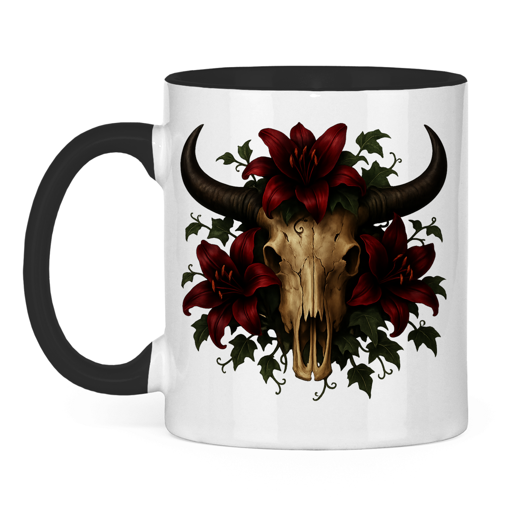Tasse zweifarbig Rinderschädel rore Lilien