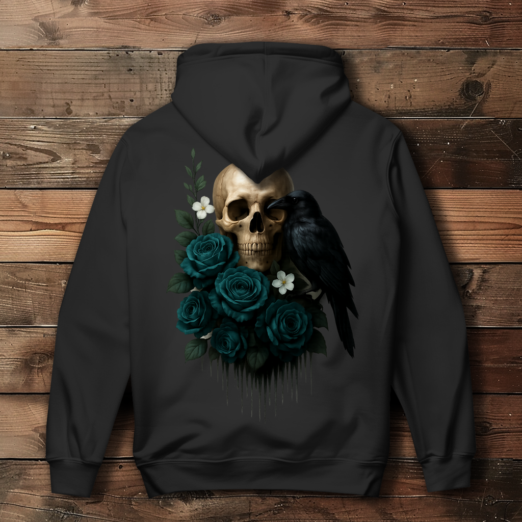 Damen Hoodie Totenkopf, Rabe und blaue Rosen