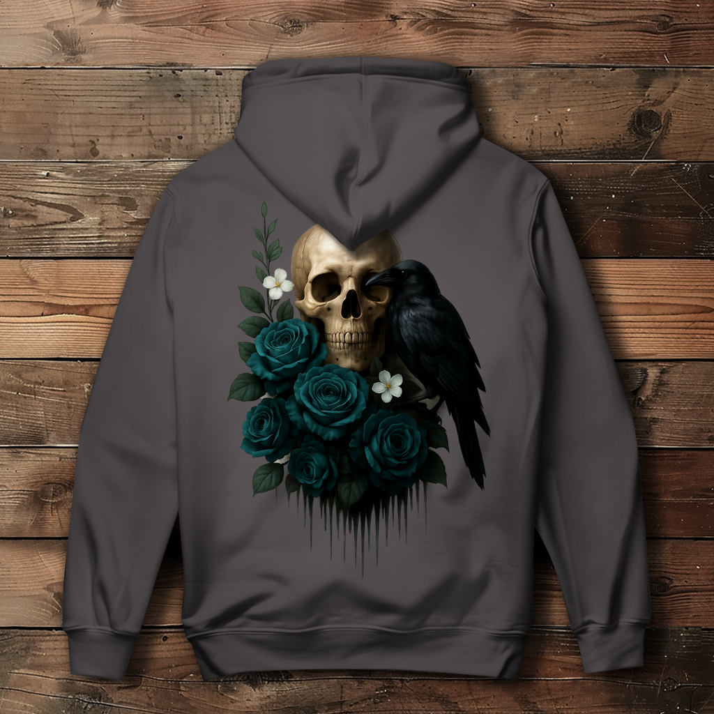 Damen Hoodie Totenkopf, Rabe und blaue Rosen