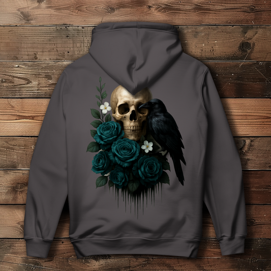 Damen Hoodie Totenkopf, Rabe und blaue Rosen