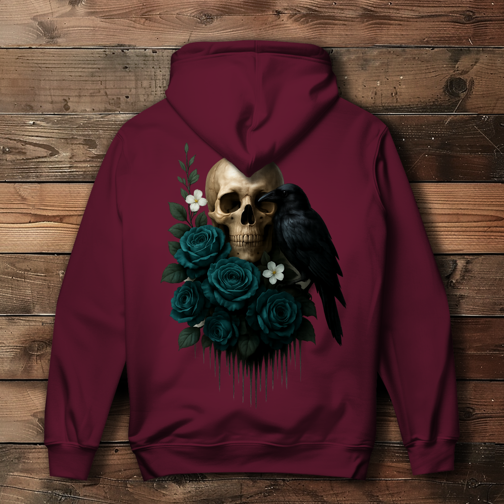 Damen Hoodie Totenkopf, Rabe und blaue Rosen