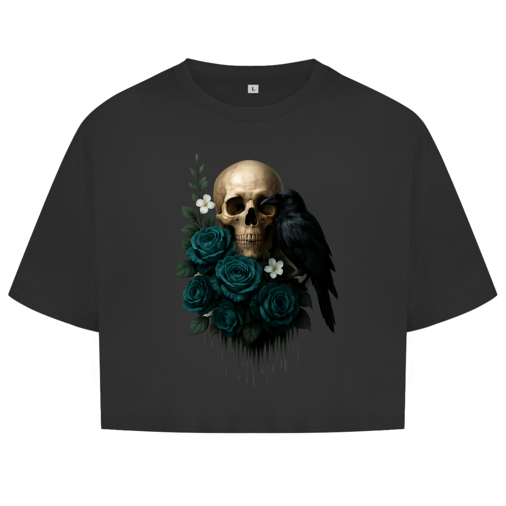 Damen Oversize Crop Top Totenkopf, Rabe und blaue Rosen