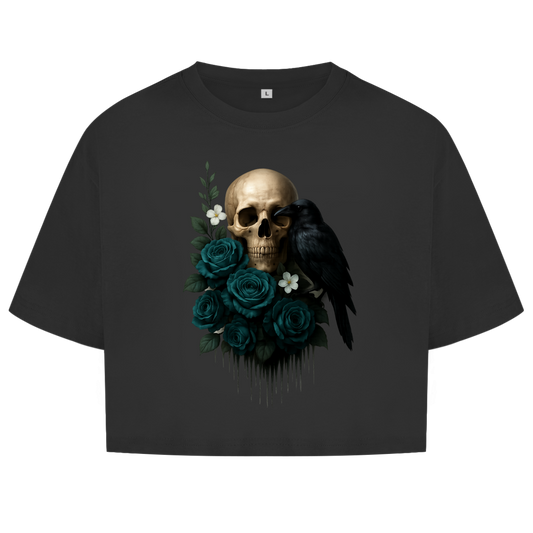 Damen Oversize Crop Top Totenkopf, Rabe und blaue Rosen