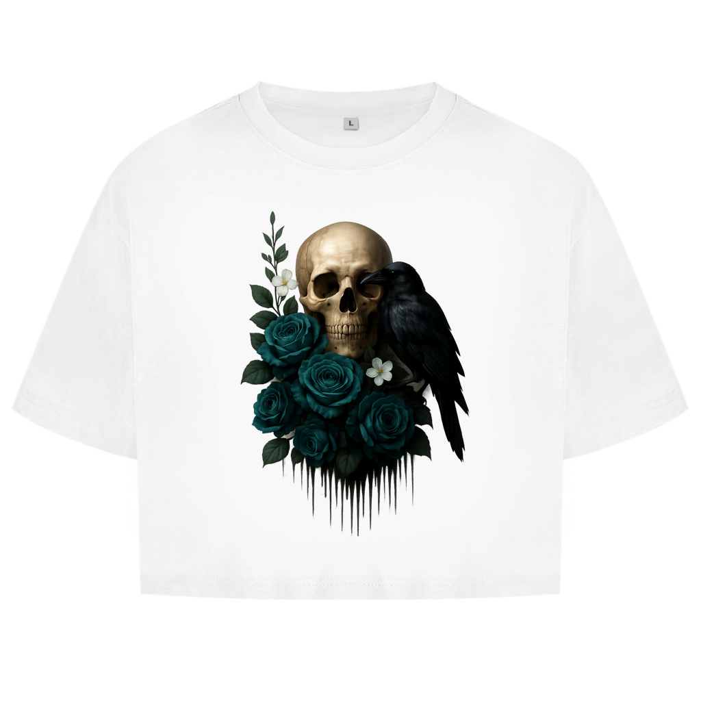 Damen Oversize Crop Top Totenkopf, Rabe und blaue Rosen