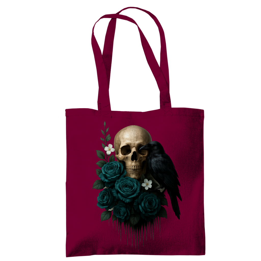Tragetasche Totenkopf, Rabe und blaue Rosen