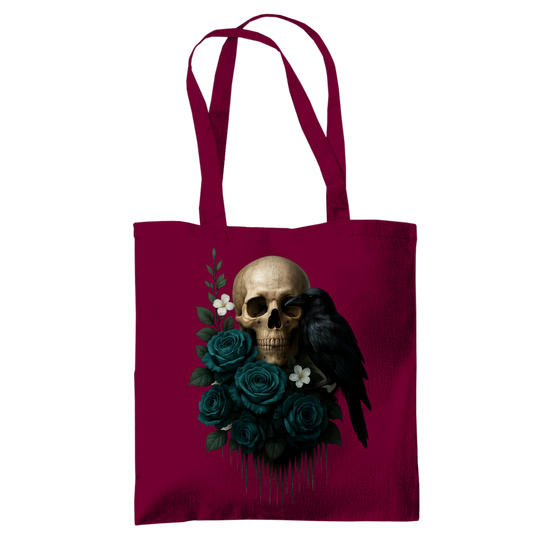 Tragetasche Totenkopf, Rabe und blaue Rosen
