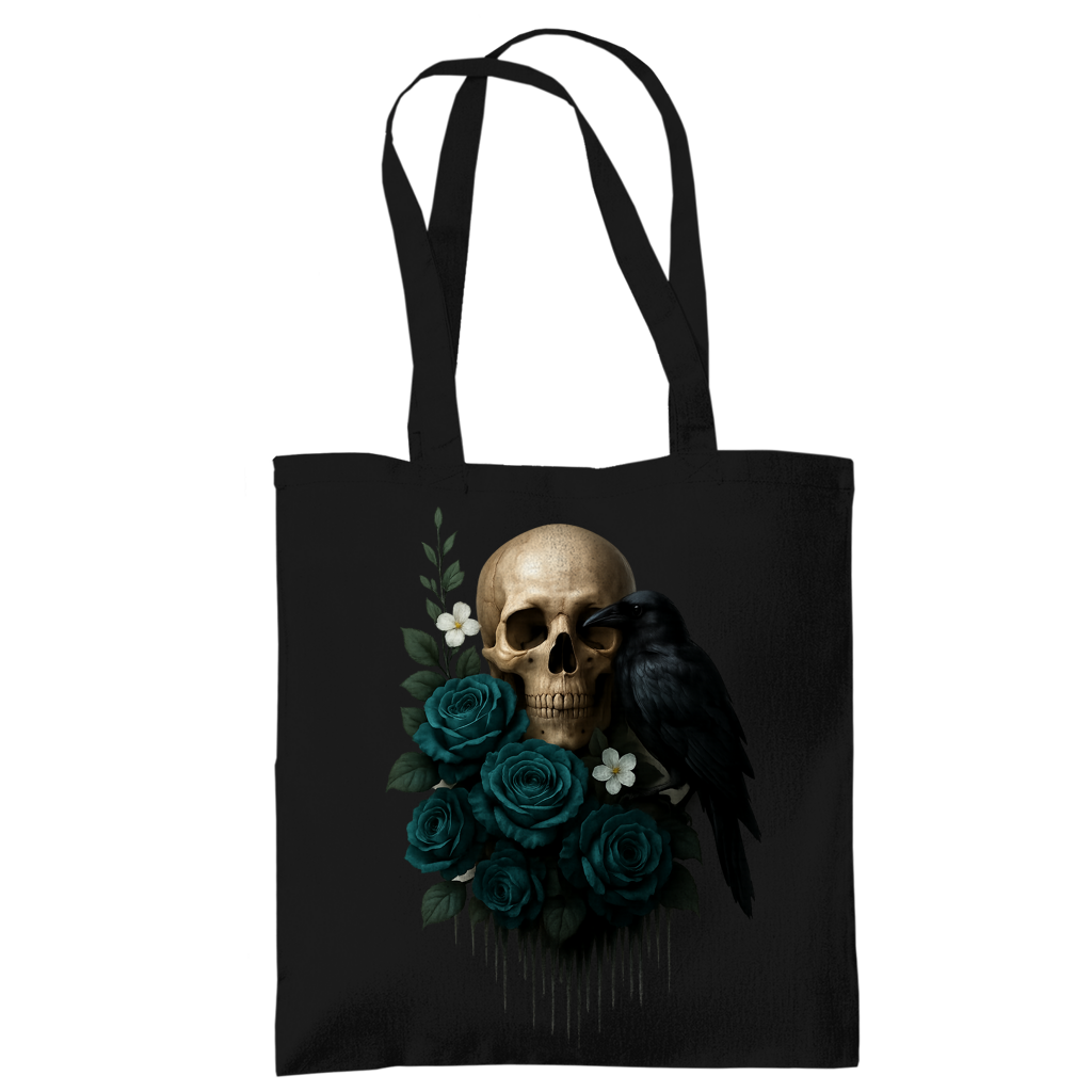 Tragetasche Totenkopf, Rabe und blaue Rosen