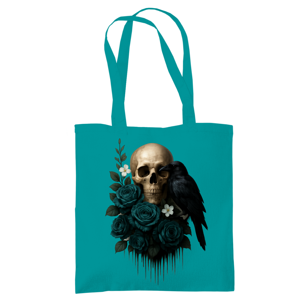 Tragetasche Totenkopf, Rabe und blaue Rosen