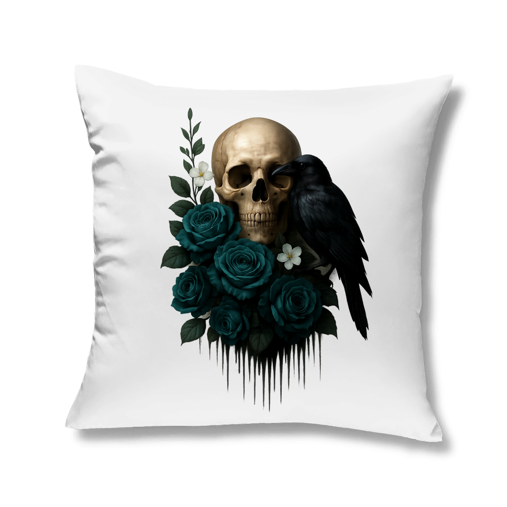 Kopfkissen Totenkopf, Rabe und blaue Rosen
