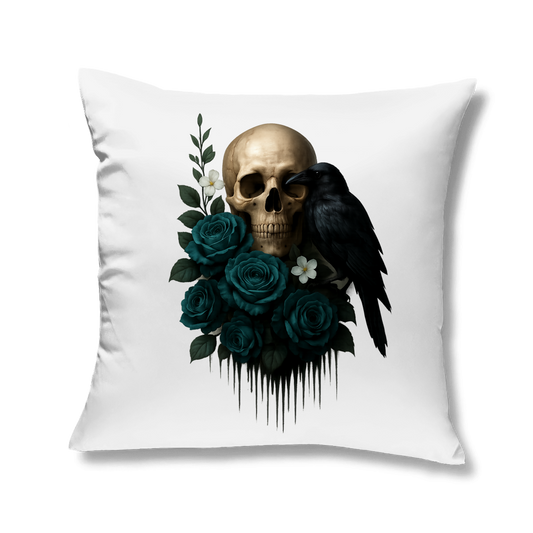 Kopfkissen Totenkopf, Rabe und blaue Rosen