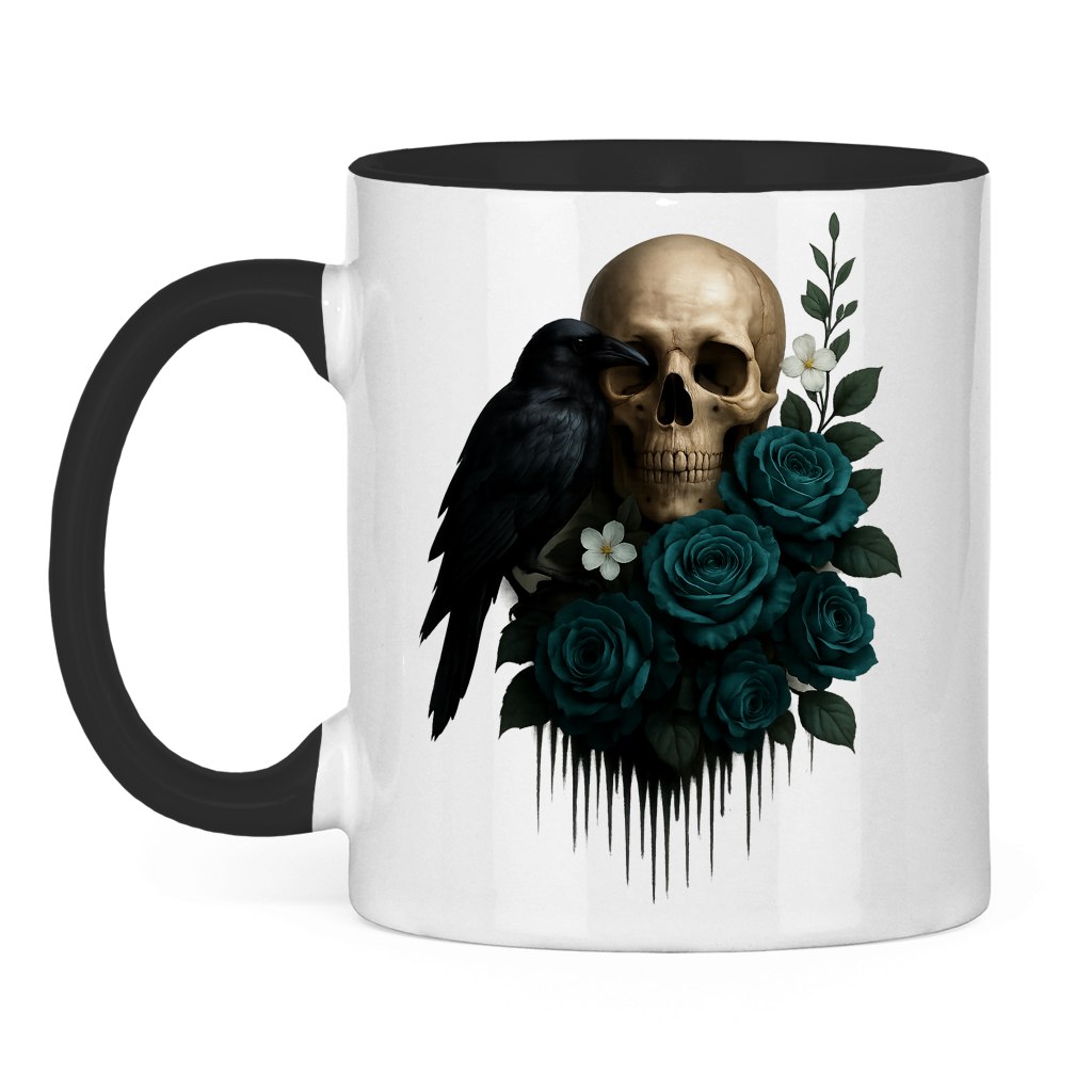Tasse zweifarbig Totenkopf, Rabe und blaue Rosen