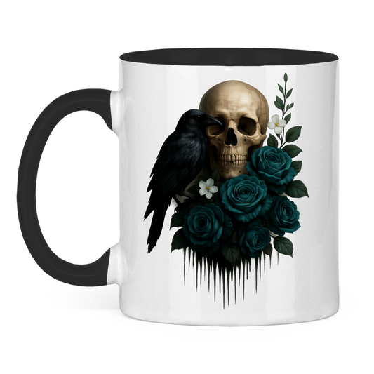 Tasse zweifarbig Totenkopf, Rabe und blaue Rosen