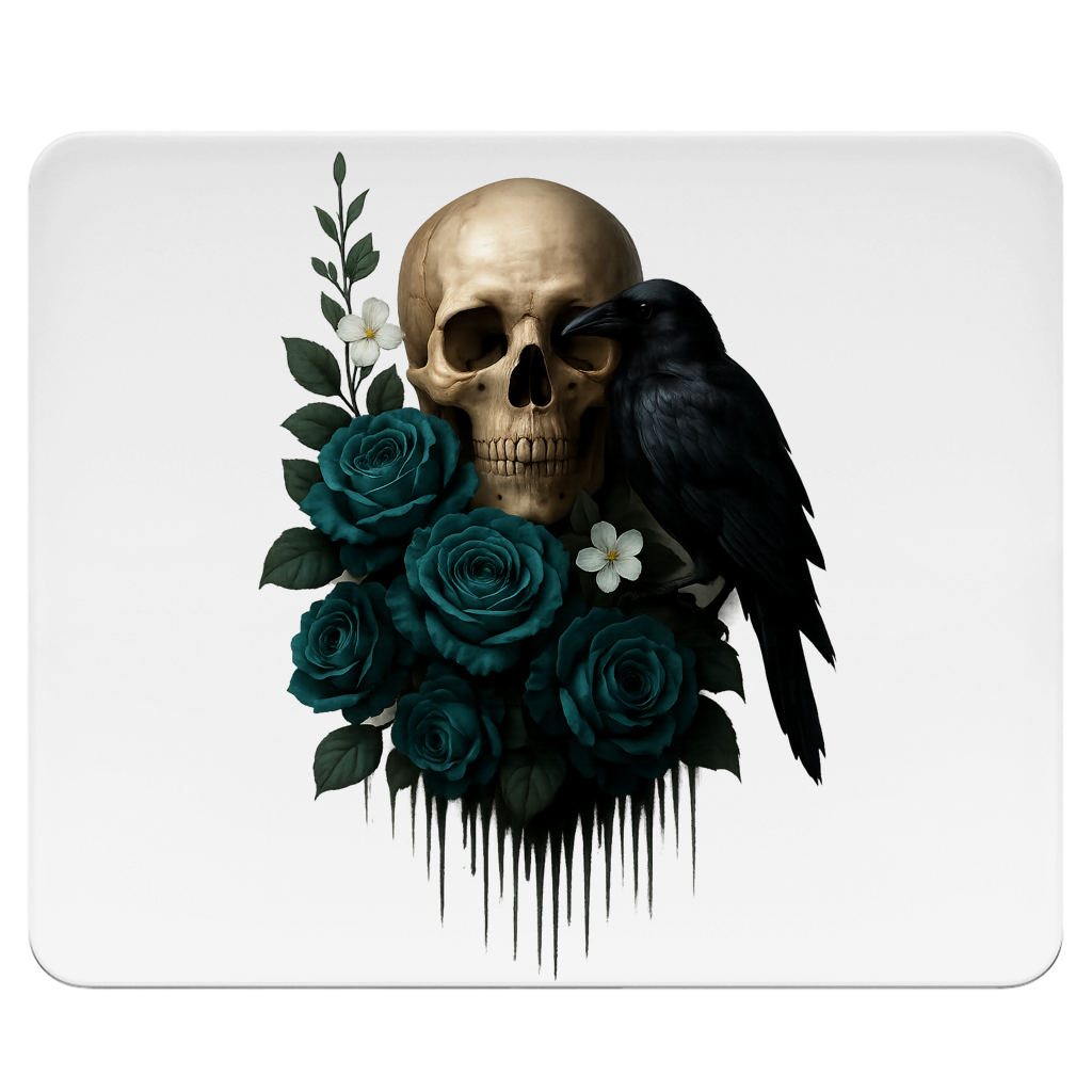 Mousepad Totenkopf, Rabe und blaue Rosen