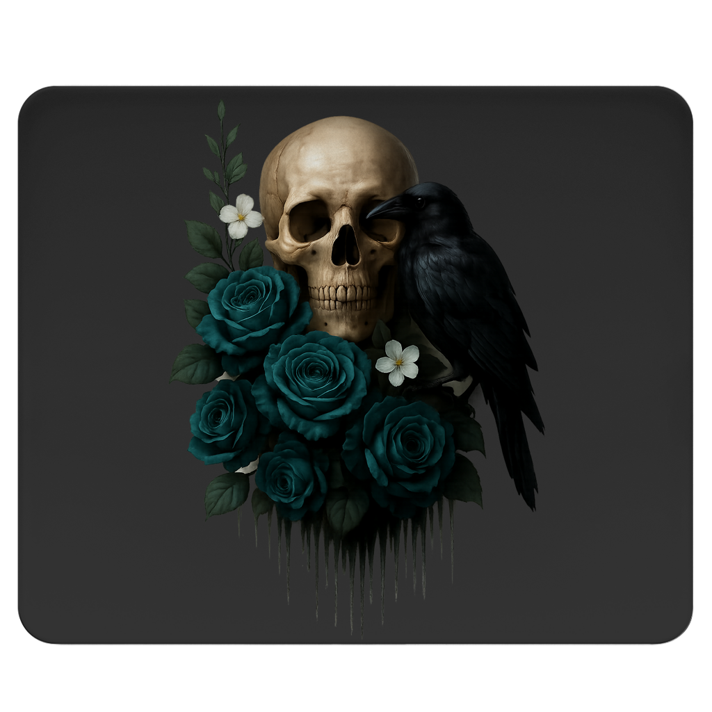 Mousepad Totenkopf, Rabe und blaue Rosen