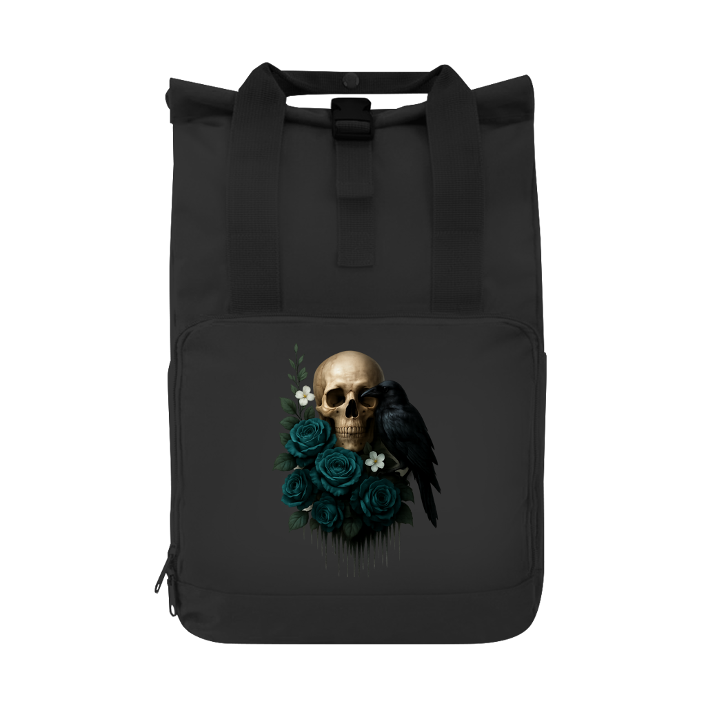 Rucksack Totenkopf, Rabe und blaue Rosen
