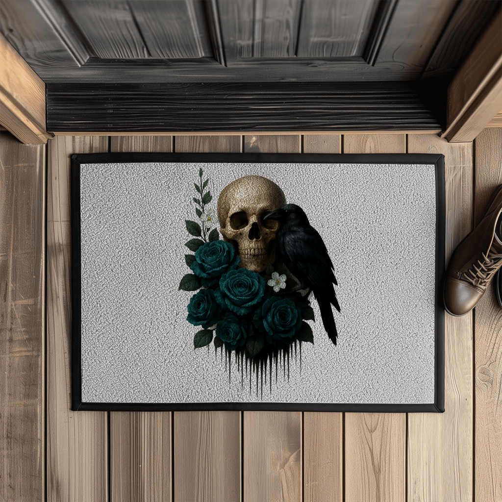 Fußmatte mit Gummirand Totenkopf, Rabe und blaue Rosen