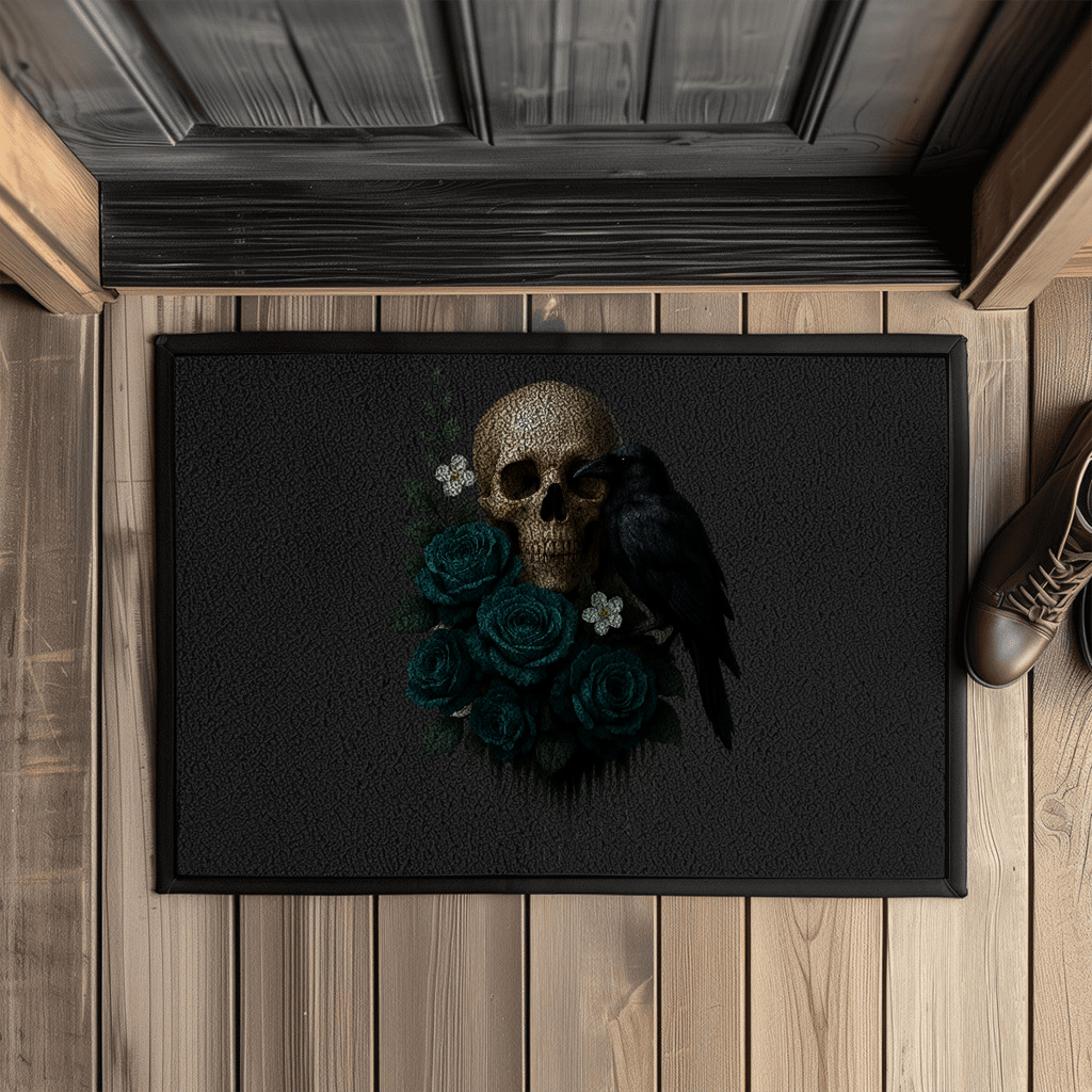 Fußmatte mit Gummirand Totenkopf, Rabe und blaue Rosen