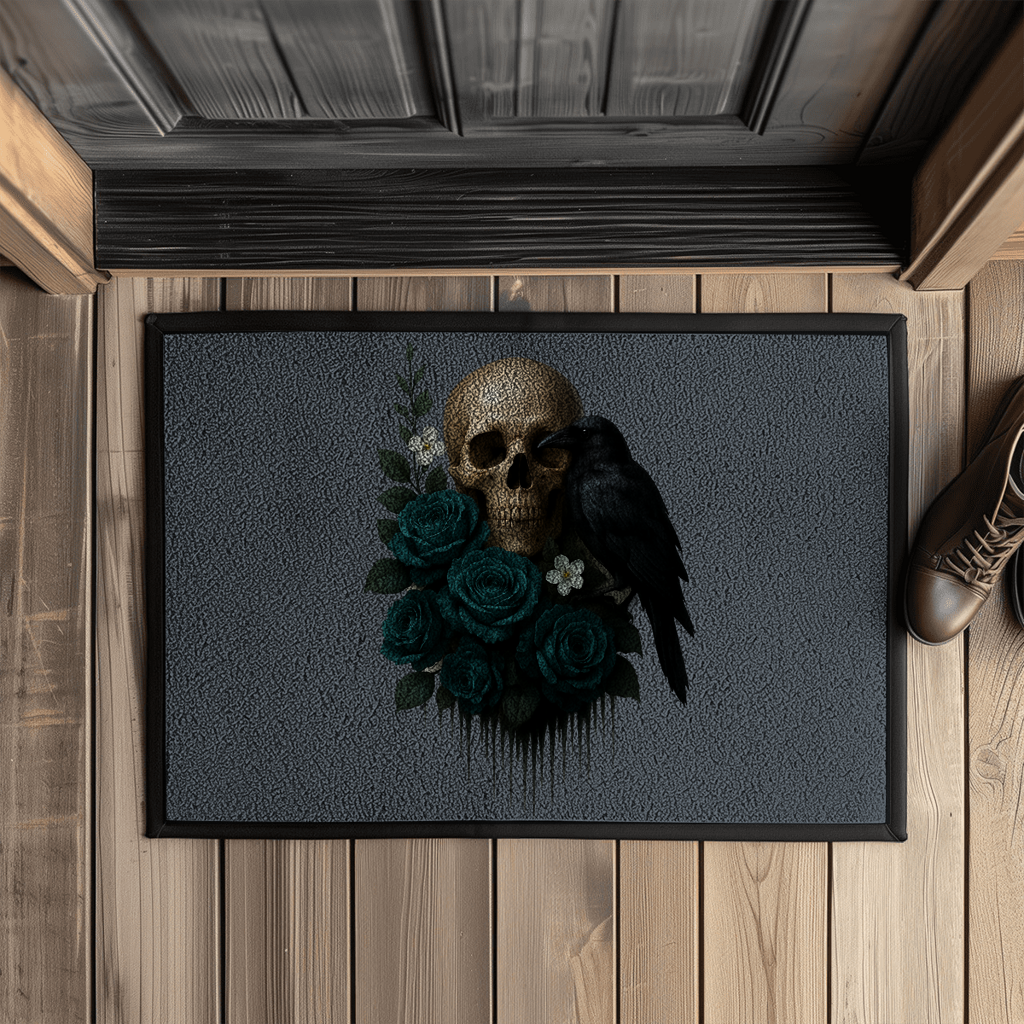 Fußmatte mit Gummirand Totenkopf, Rabe und blaue Rosen
