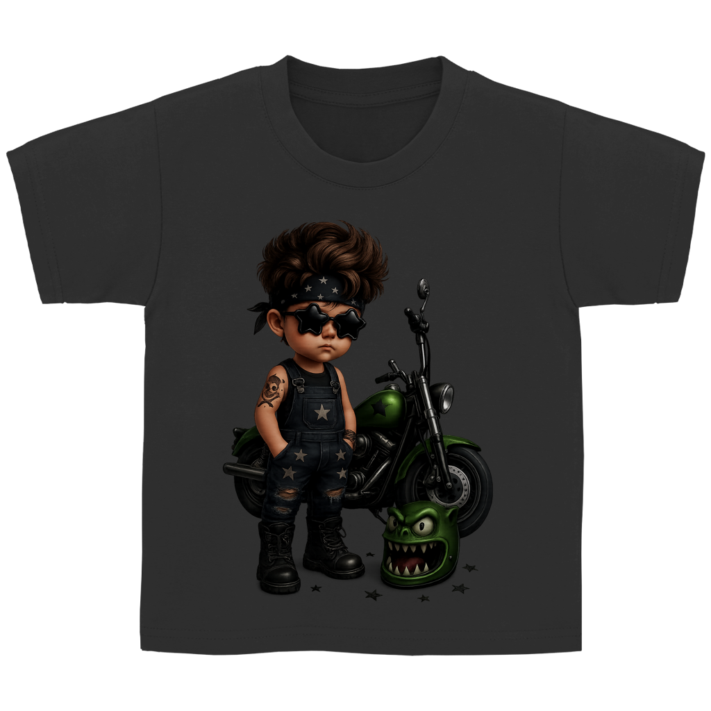 Kinder Basic T-Shirt Boy Motorrad mit Tattoo und Monsterhelm