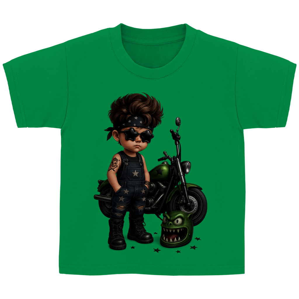Kinder Basic T-Shirt Boy Motorrad mit Tattoo und Monsterhelm