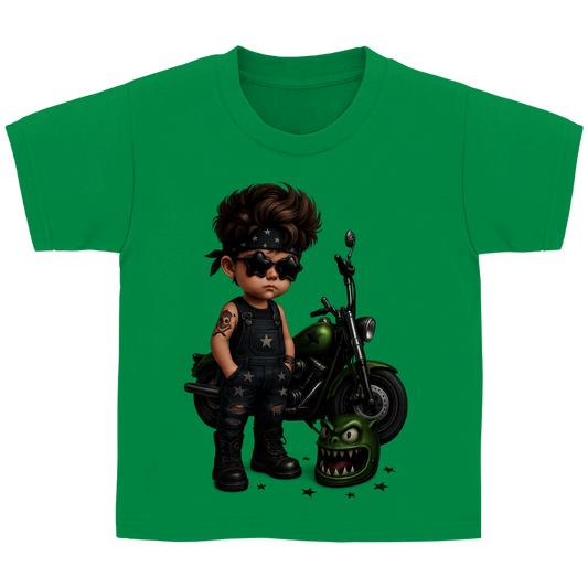Kinder Basic T-Shirt Boy Motorrad mit Tattoo und Monsterhelm