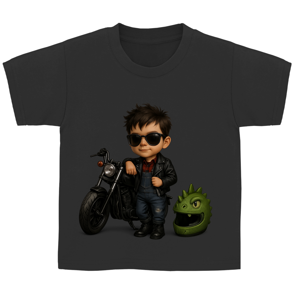 Kinder Basic T-Shirt Boy Motorrad mit Lederjacke und Dinohelm