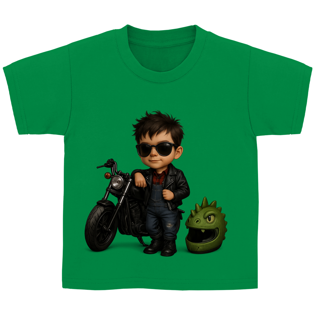 Kinder Basic T-Shirt Boy Motorrad mit Lederjacke und Dinohelm