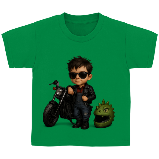 Kinder Basic T-Shirt Boy Motorrad mit Lederjacke und Dinohelm
