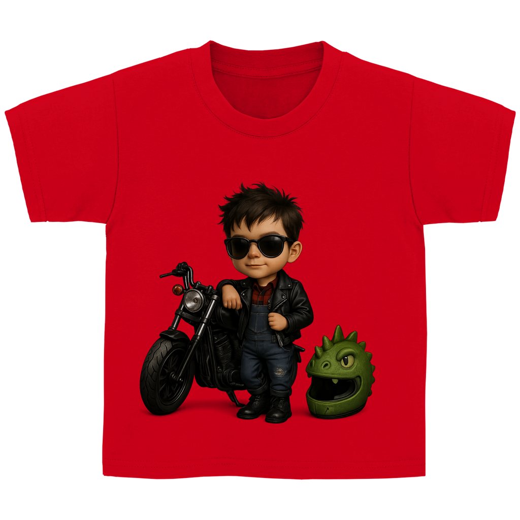 Kinder Basic T-Shirt Boy Motorrad mit Lederjacke und Dinohelm
