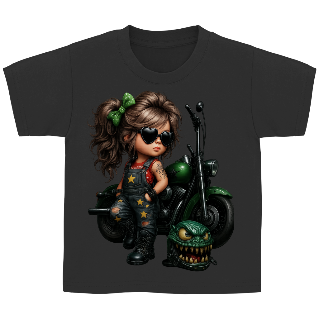 Kinder Basic T-Shirt Girl mit Tattoo Motorrad und Monsterhelm