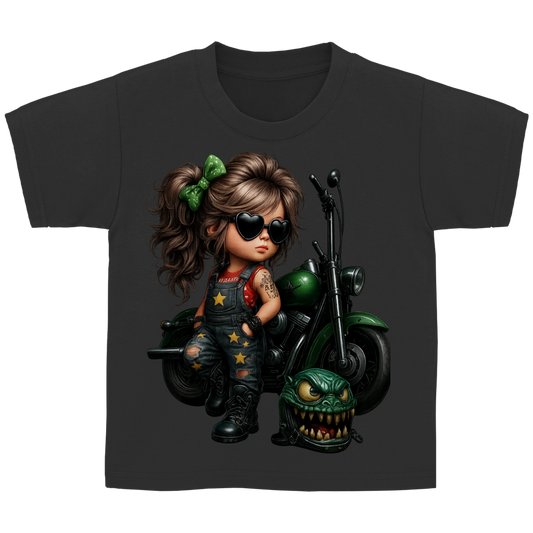 Kinder Basic T-Shirt Girl mit Tattoo Motorrad und Monsterhelm