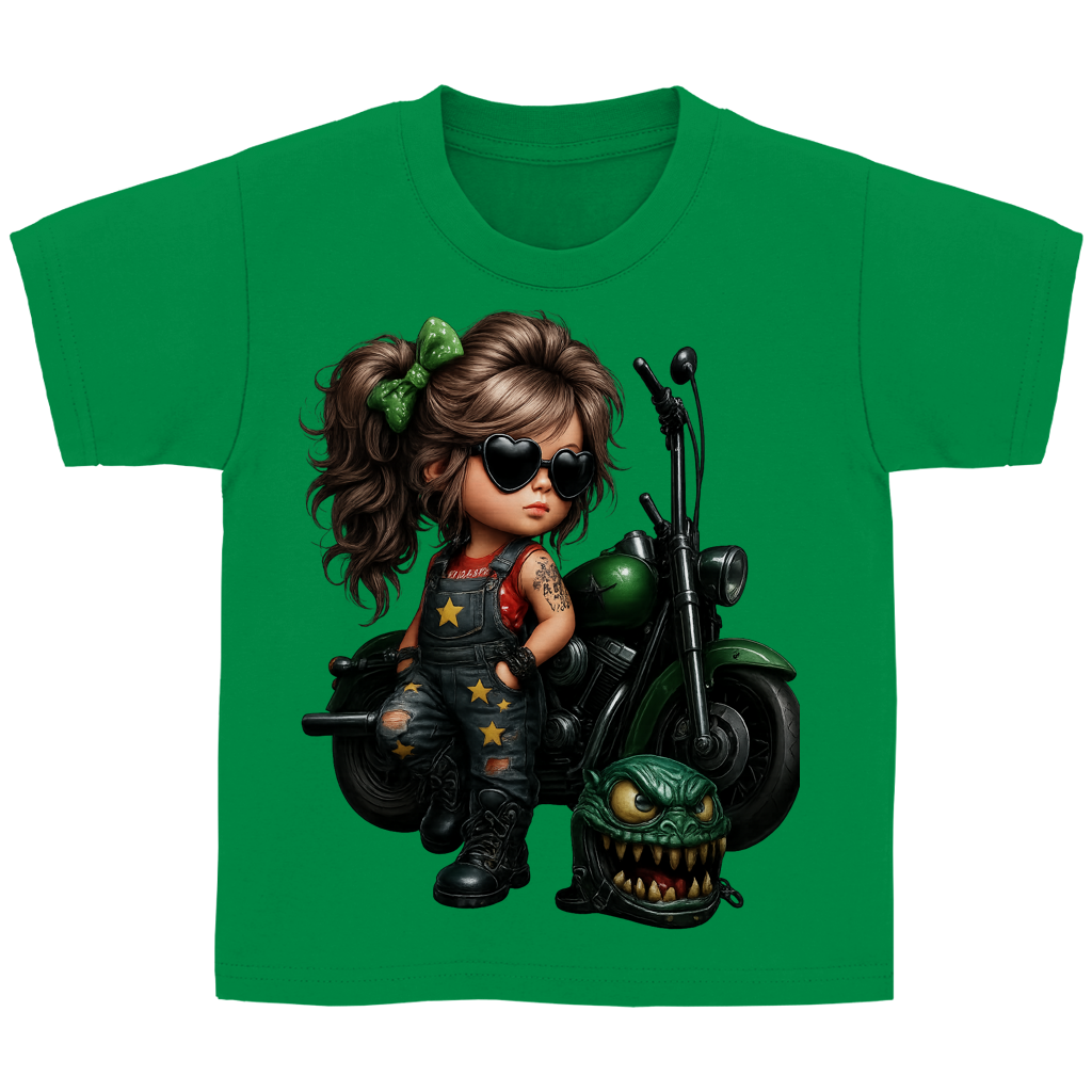 Kinder Basic T-Shirt Girl mit Tattoo Motorrad und Monsterhelm