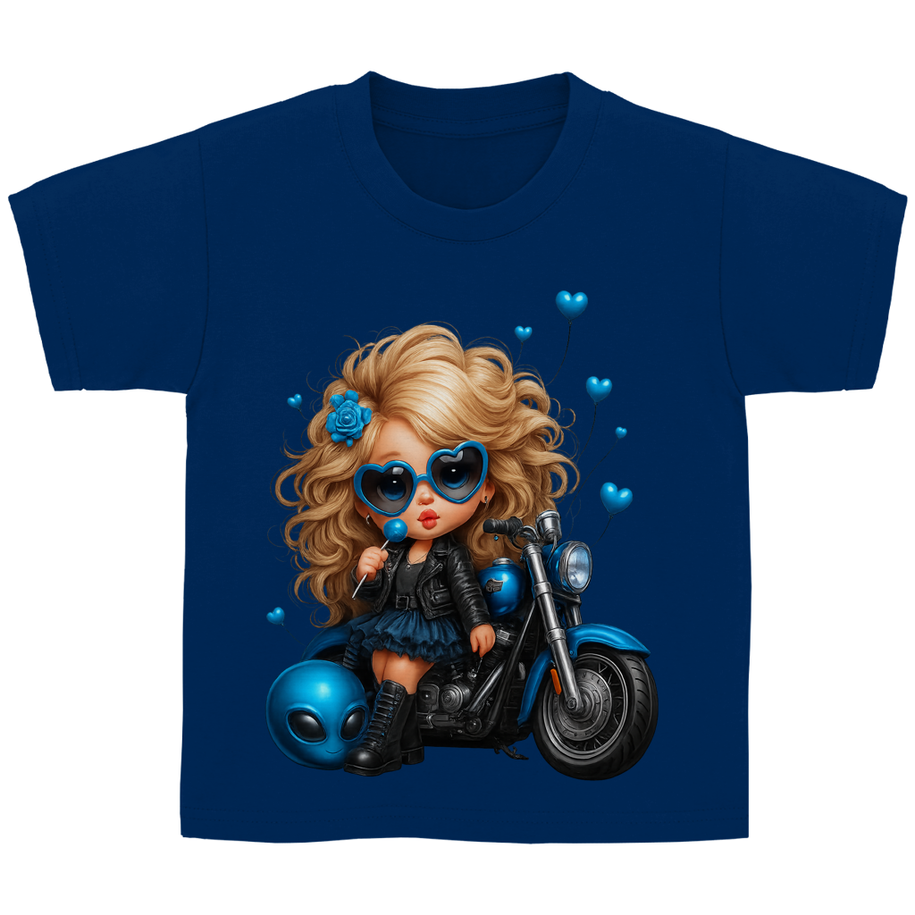 Kinder Basic T-Shirt Girl mit Motorrad blau