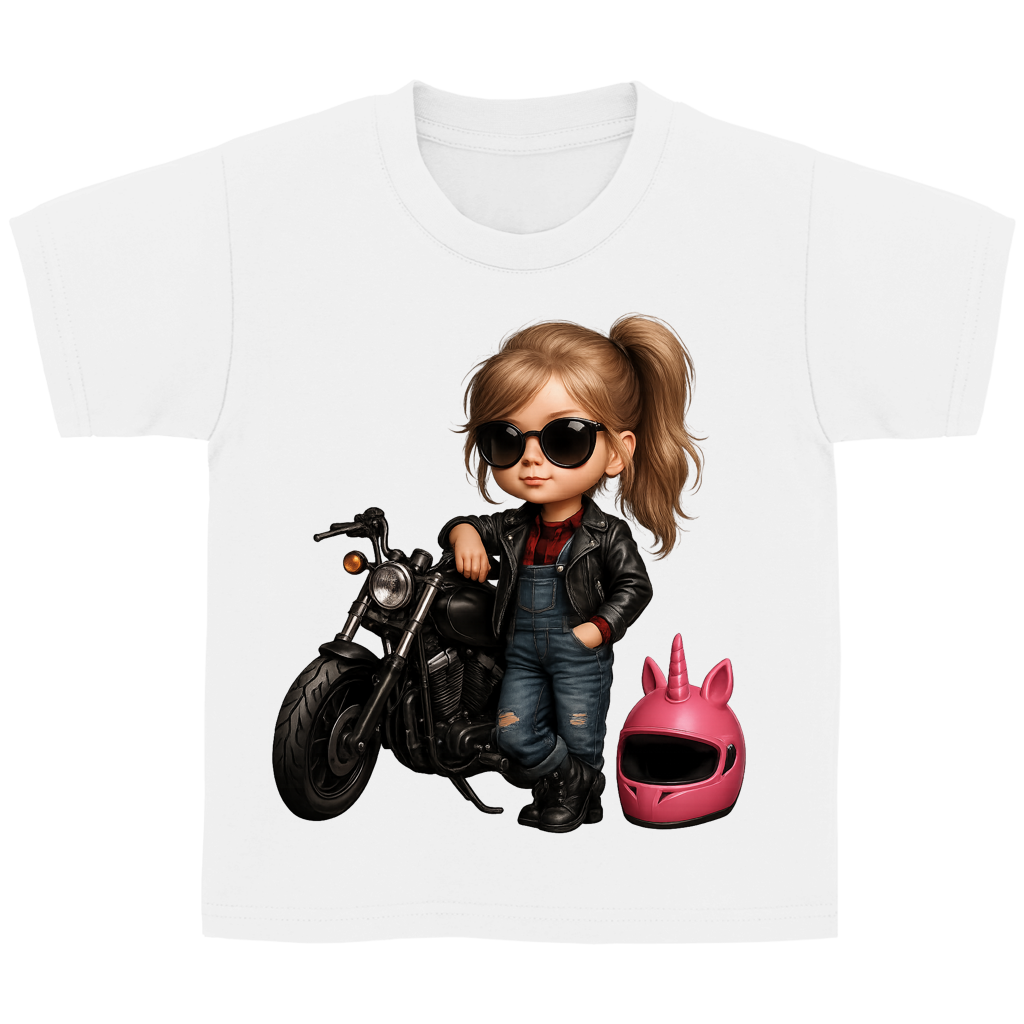 Kinder Basic T-Shirt Girl mit Lederjacke Motorrad und Einhornhelm