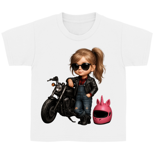 Kinder Basic T-Shirt Girl mit Lederjacke Motorrad und Einhornhelm